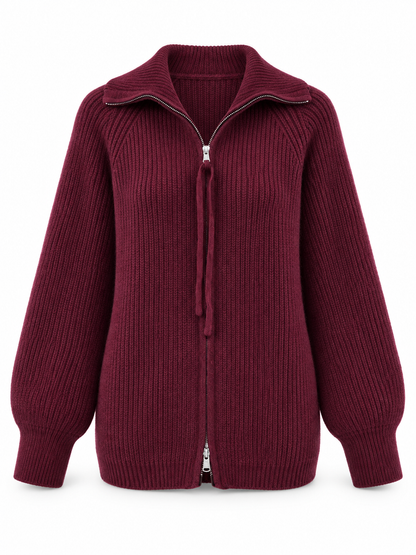 Burgundy Zip Wool Knit Cardigan product view