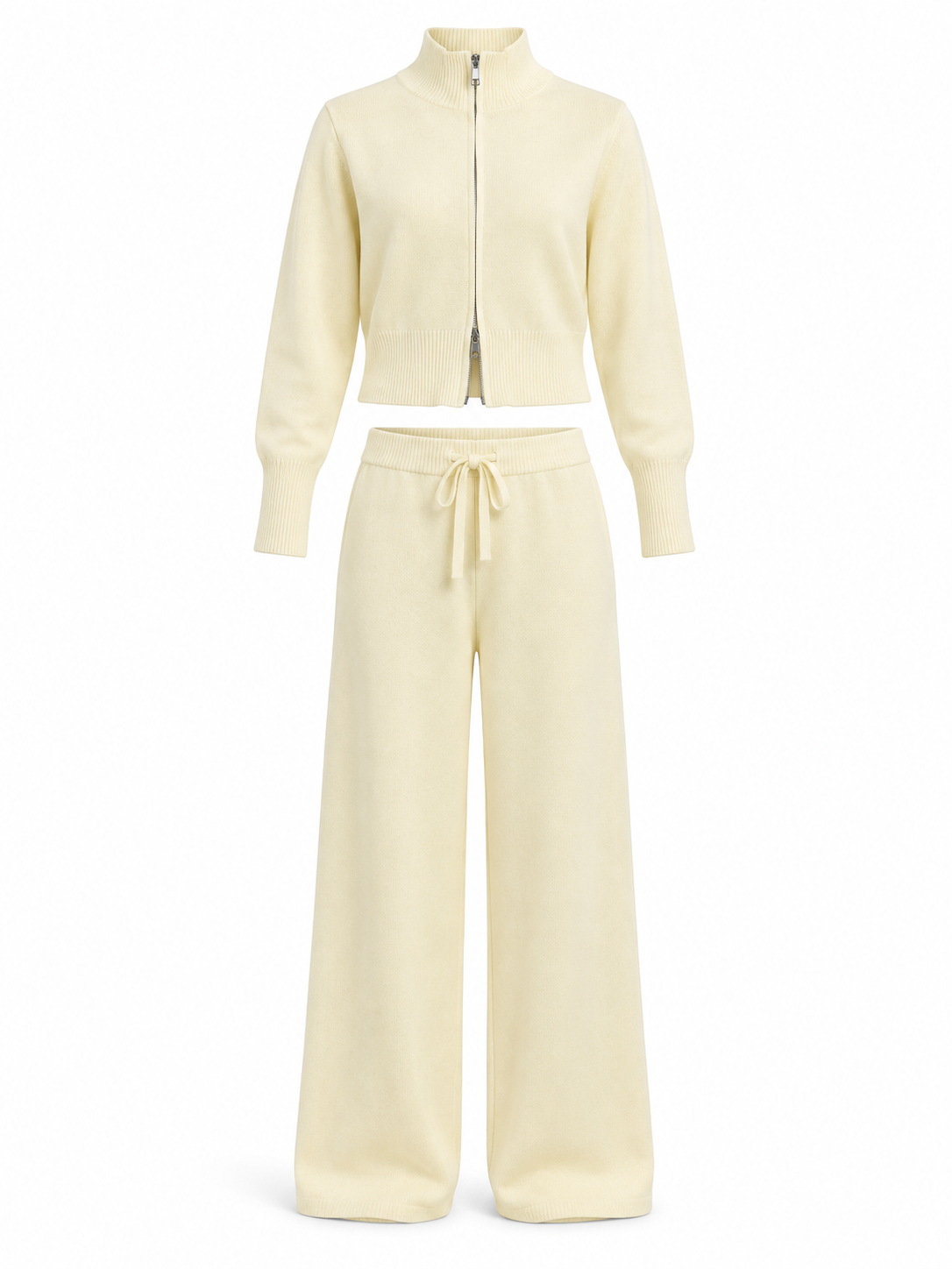 Butter yellow Knit Zip Cardigan & Wide-Leg Trousers Set product view
