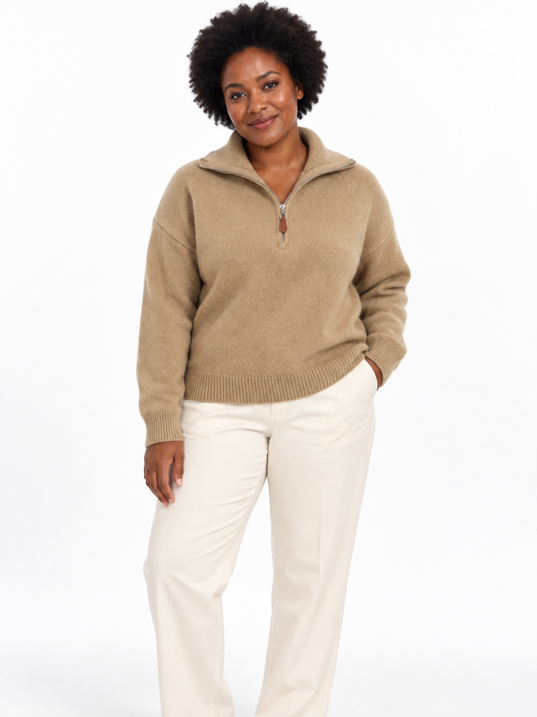 Camel Half-Zip Knit Sweater shown on a model