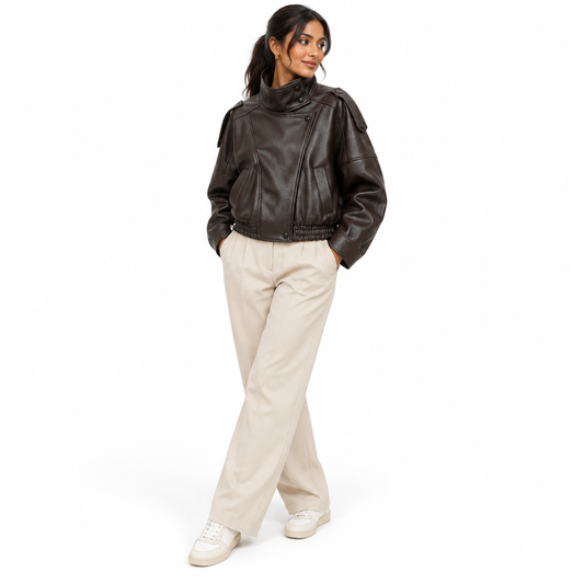 Chocolate Cropped Faux Leather Bomber Jacket shown on a model
