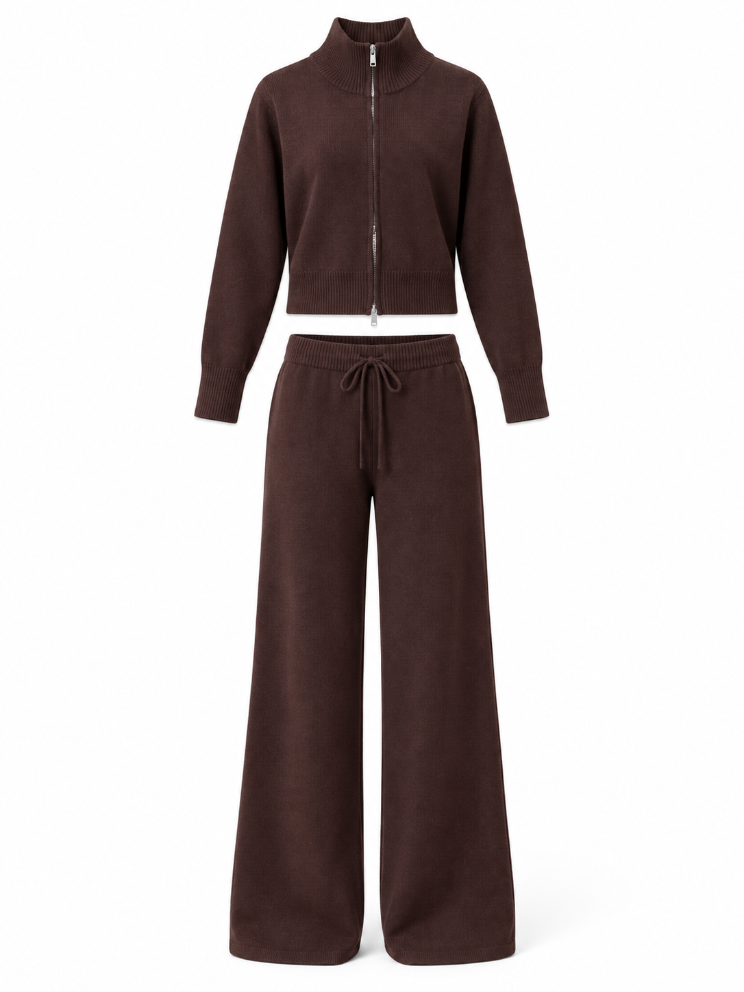 Chocolate Knit Zip Cardigan & Wide-Leg Trousers Set product view