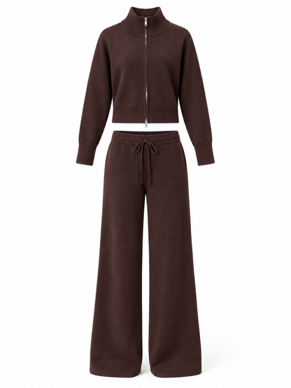 Chocolate Knit Zip Cardigan & Wide-Leg Trousers Set product view