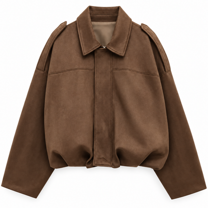 Chocolate Cropped Suede-Effect Bomber Jacket product view