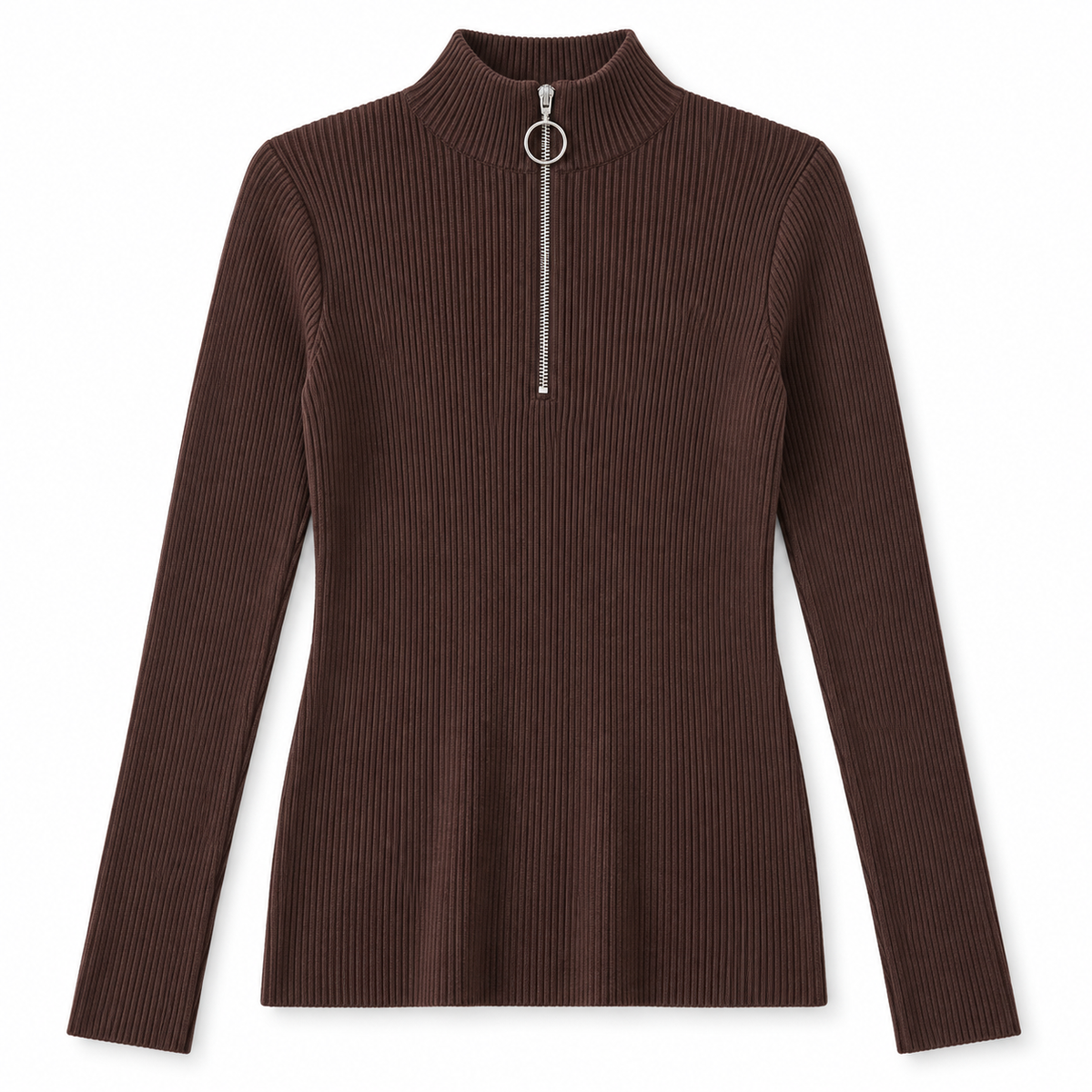 Chocolate Zip-Neck Knit Sweater product view