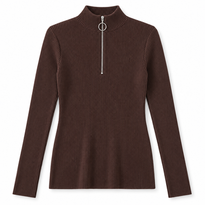 Chocolate Zip-Neck Knit Sweater product view