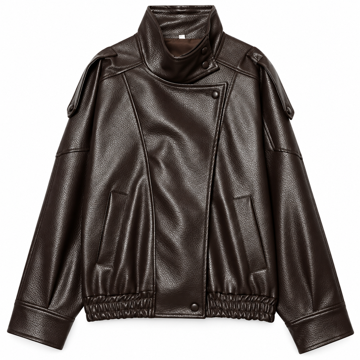 Chocolate Cropped Faux Leather Bomber Jacket product view