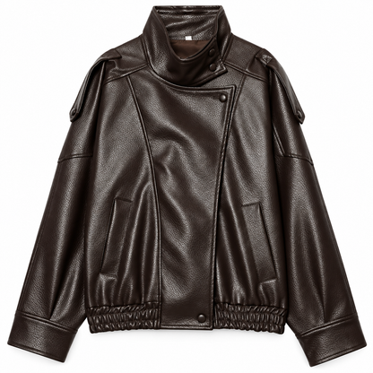 Chocolate Cropped Faux Leather Bomber Jacket product view