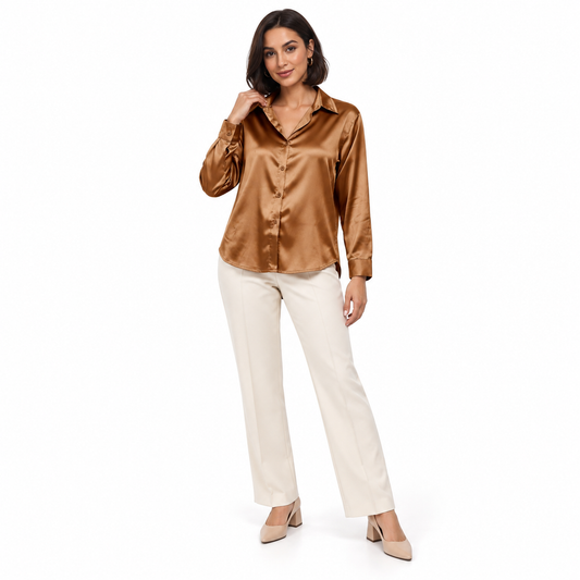 Copper Satin-Look Long-Sleeve Shirt shown on a model