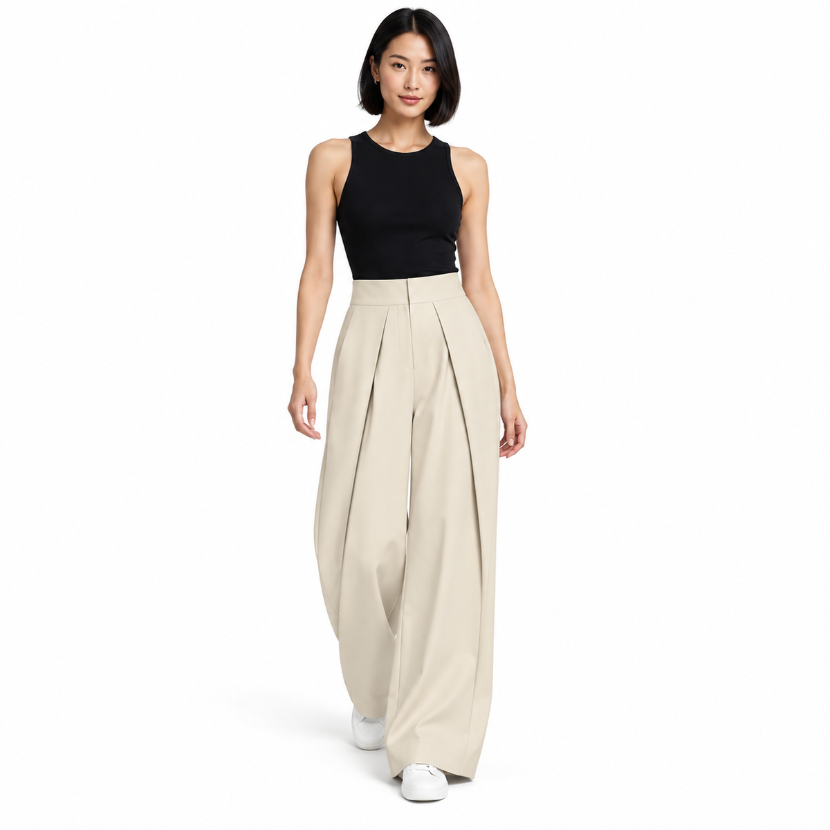 Cream Pleated Wide-Leg Trousers shown on a model