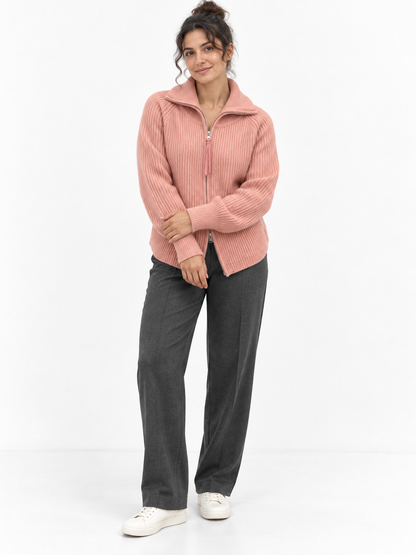 Dusty pink Zip Wool Knit Cardigan shown on a model