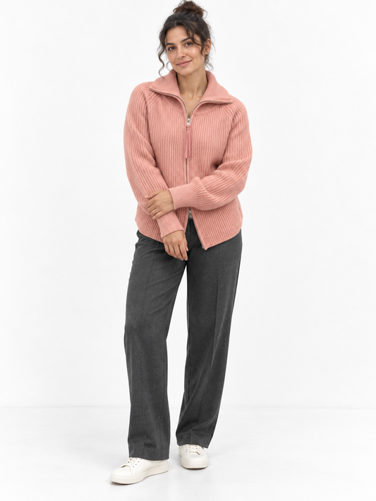 Dusty pink Zip Wool Knit Cardigan shown on a model