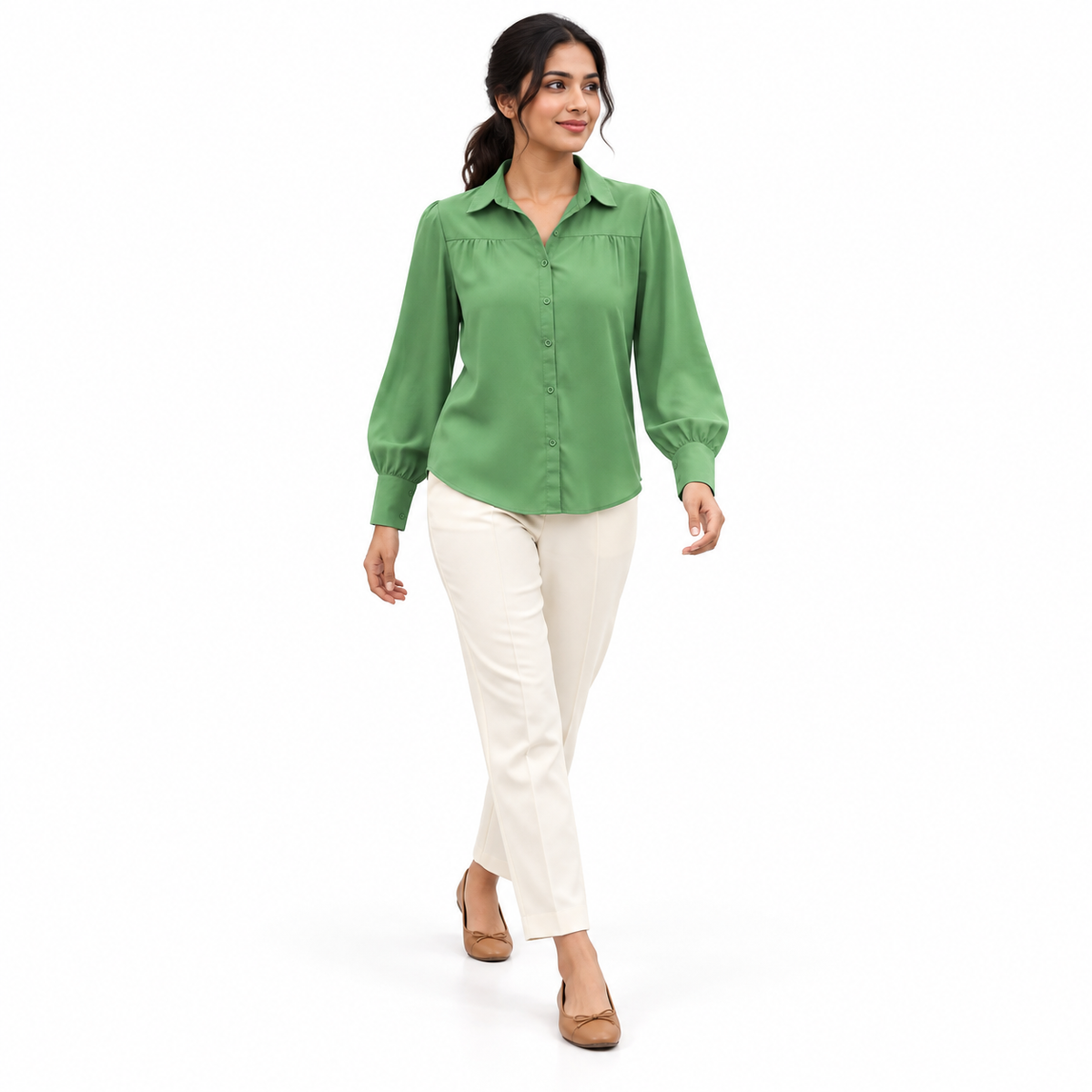 Lantern-Sleeve Button Blouse