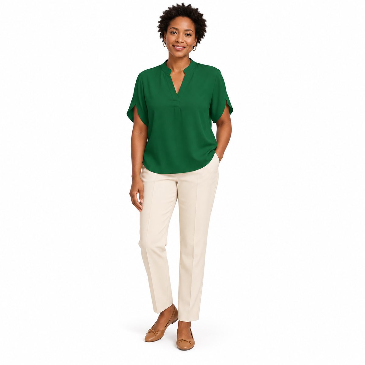Relaxte Blouse met V-Hals en Korte Mouwen