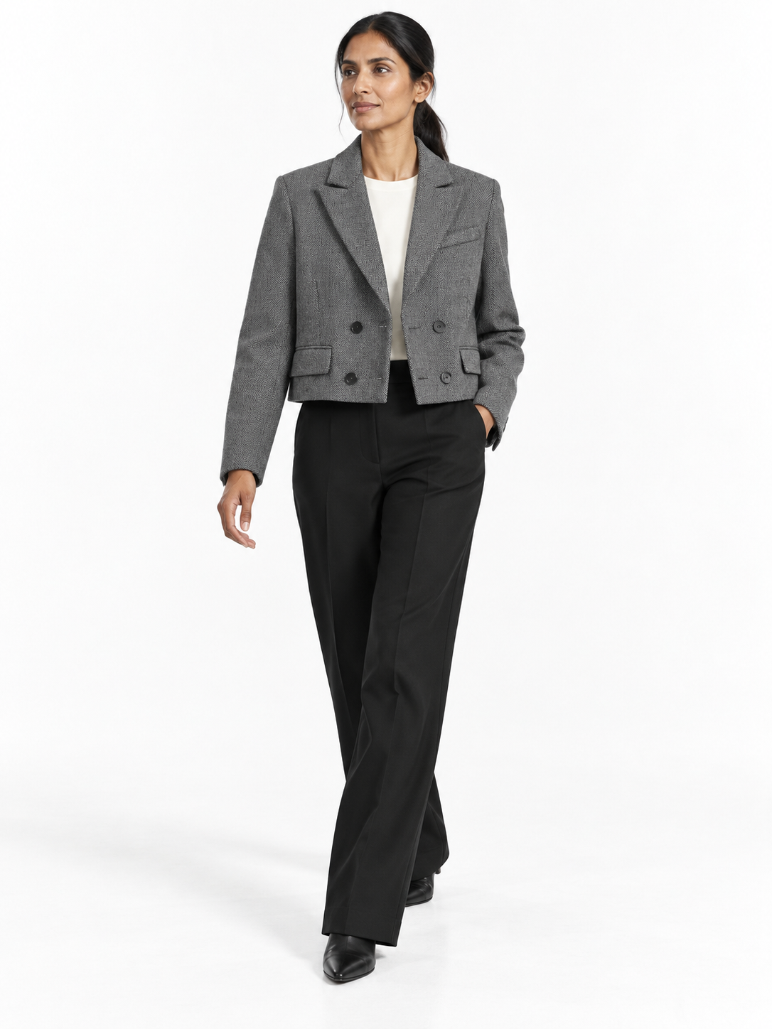 Gray herringbone Cropped Double-Breasted Blazer shown on a model