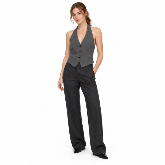 Gray Sculpted Cropped Waistcoat shown on a model