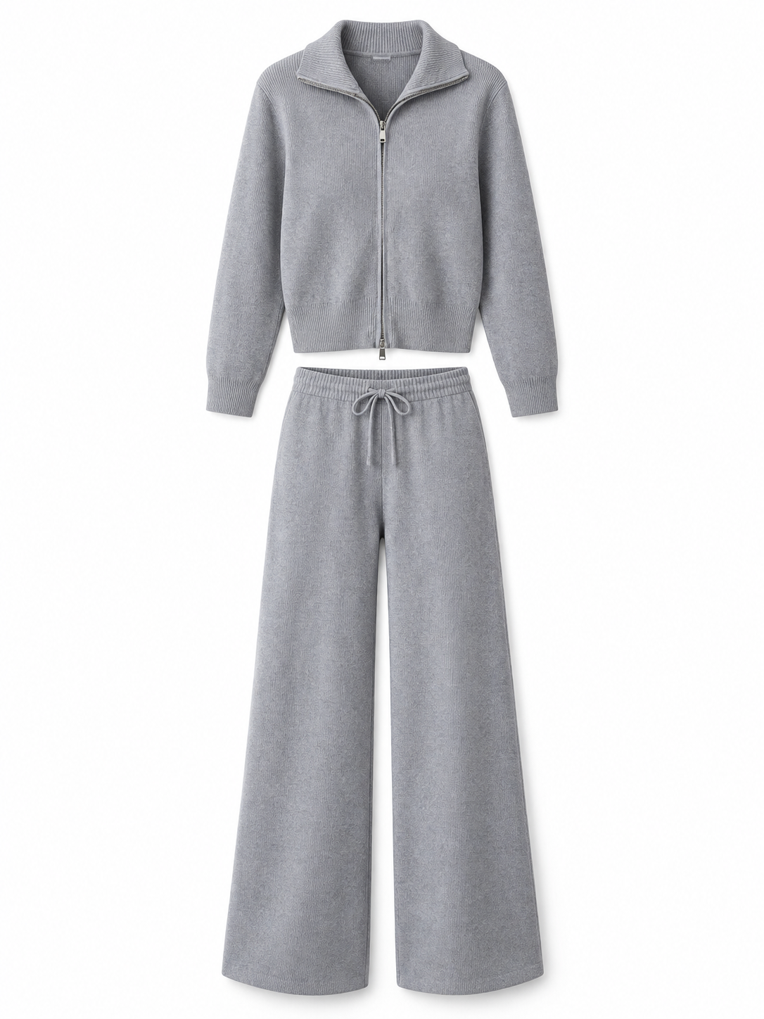 Gray Knit Zip Cardigan & Wide-Leg Trousers Set product view