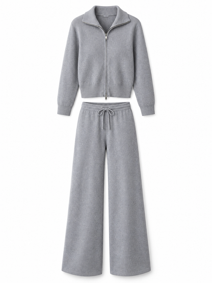 Gray Knit Zip Cardigan & Wide-Leg Trousers Set product view