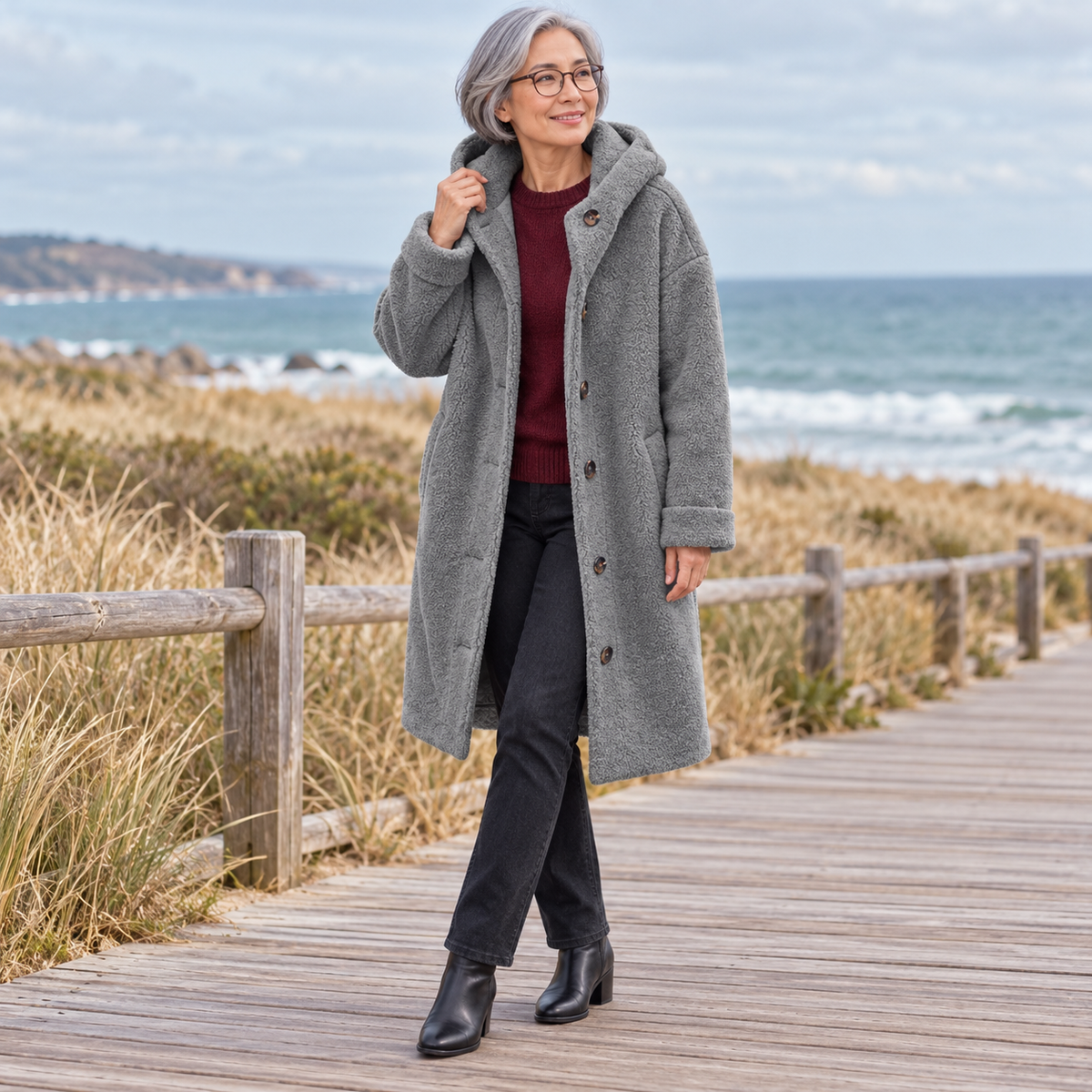 Manteau long à capuche et boutons