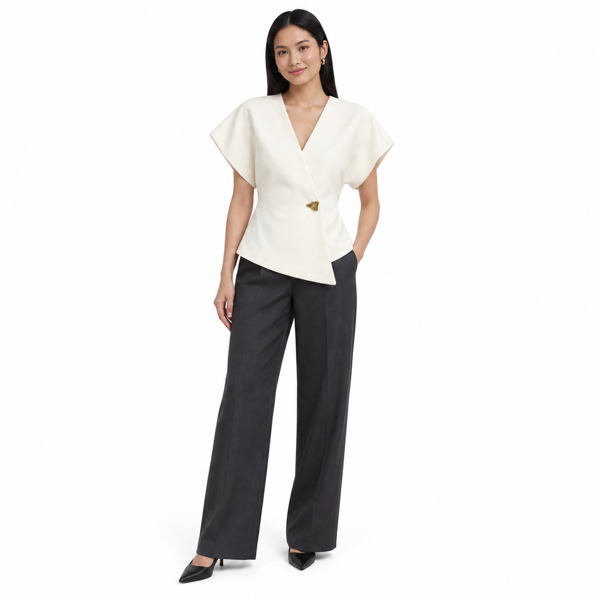 Ivory Asymmetric Tailored Vest shown on a model