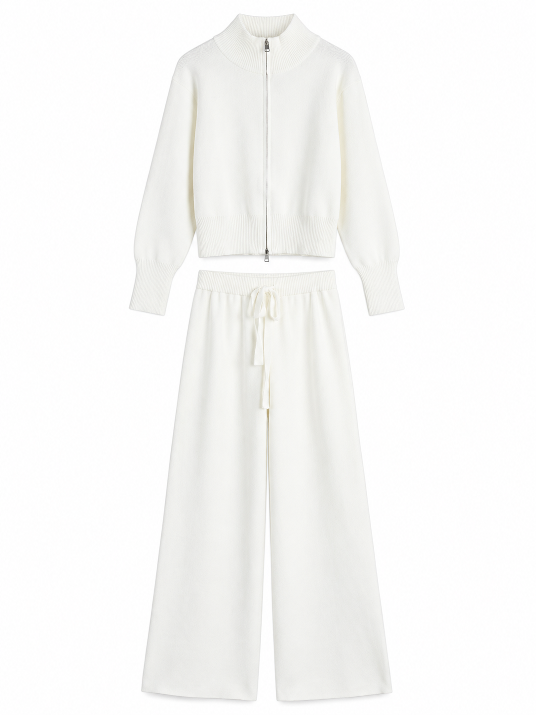 Ivory Knit Zip Cardigan & Wide-Leg Trousers Set product view