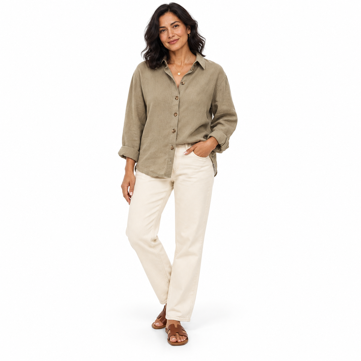 Khaki Relaxed Cotton-Linen Long-Sleeve Shirt shown on a model