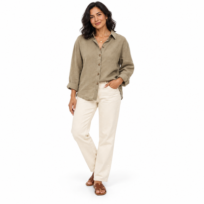 Khaki Relaxed Cotton-Linen Long-Sleeve Shirt shown on a model