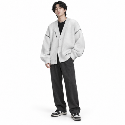 Light gray Relaxed V-Neck Knit Cardigan shown on a model