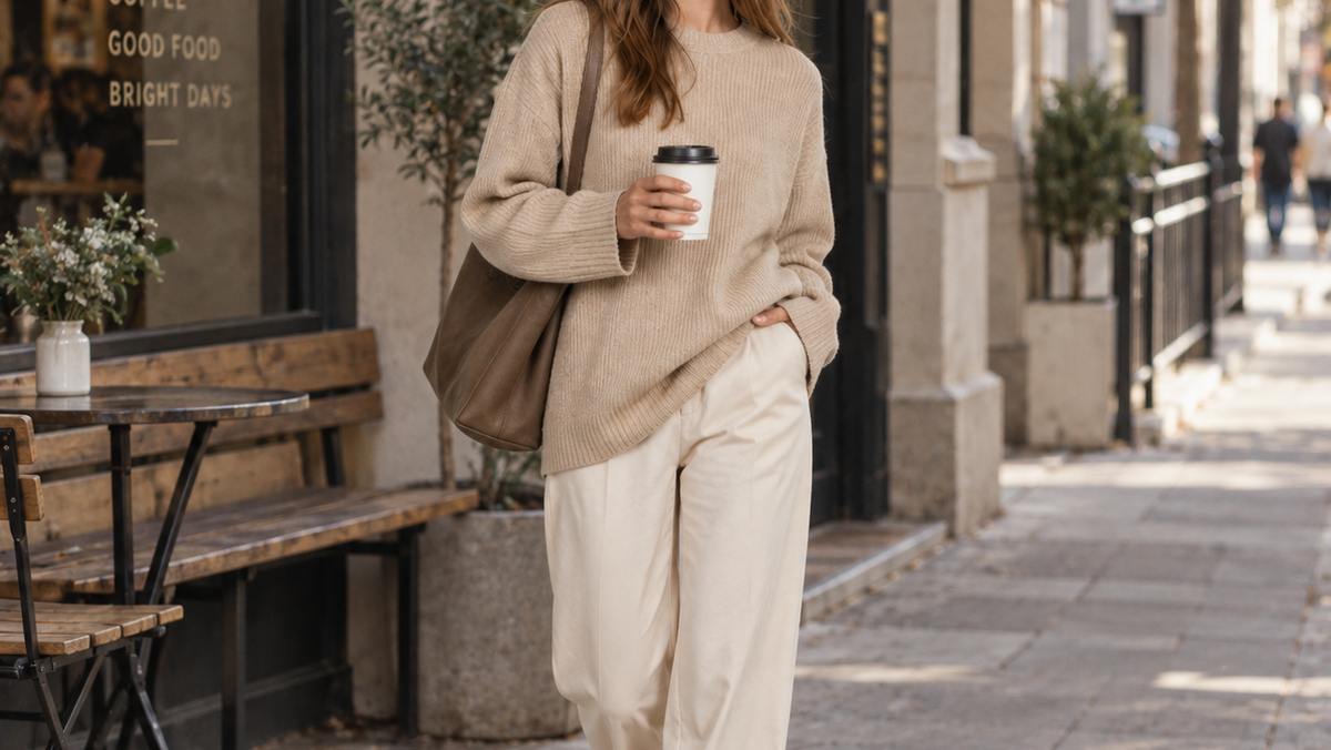 Woman wearing a beige knit sweater and cream trousers outside a café