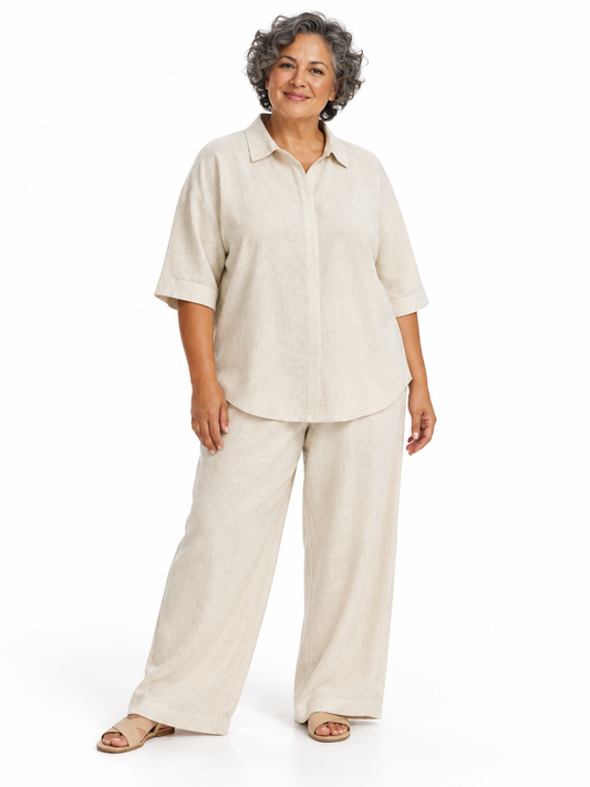 Natural Relaxed Linen-Blend Shirt & Trousers Set shown on a model