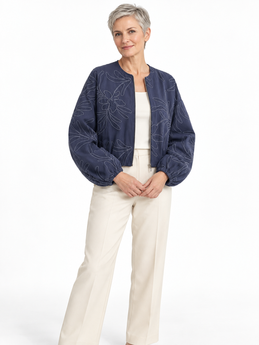 Navy Embroidered Cropped Jacket shown on a model
