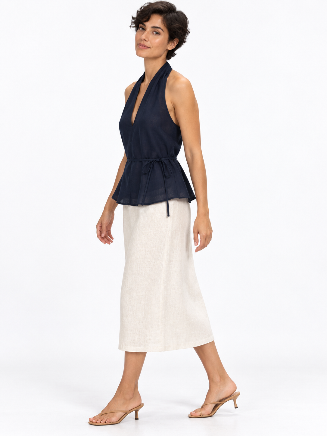 Navy Navy Lace-Up Halter Top shown on a model
