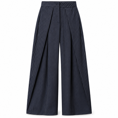 Navy pinstripe Pleated Wide-Leg Trousers product view