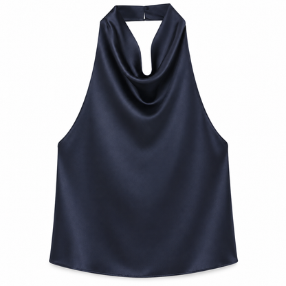 Navy Satin Halter Top product view