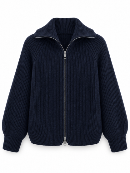 Navy Zip Wool Knit Cardigan product view
