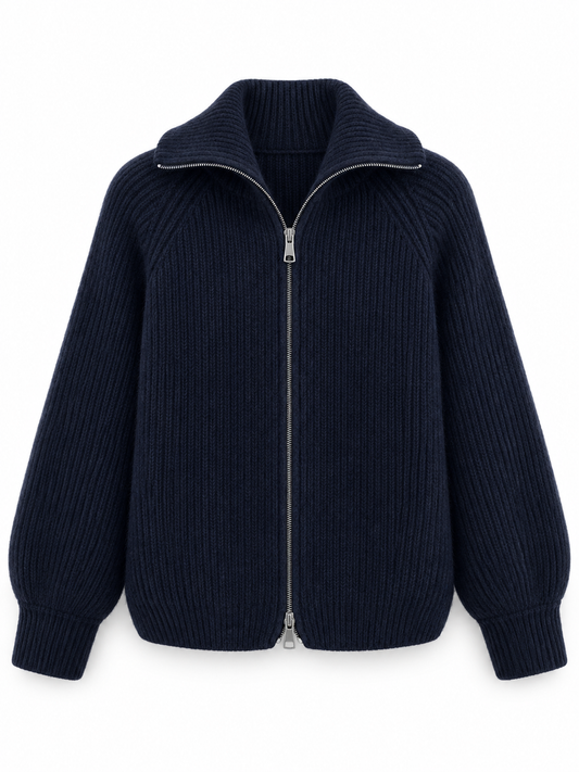 Navy Zip Wool Knit Cardigan product view