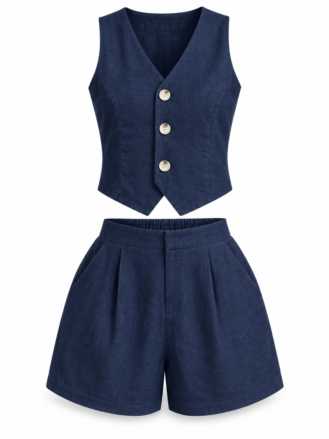 Navy Linen-Blend Vest & Shorts Set product view