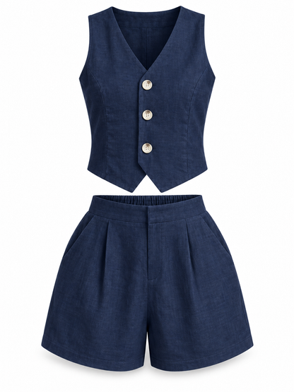 Navy Linen-Blend Vest & Shorts Set product view