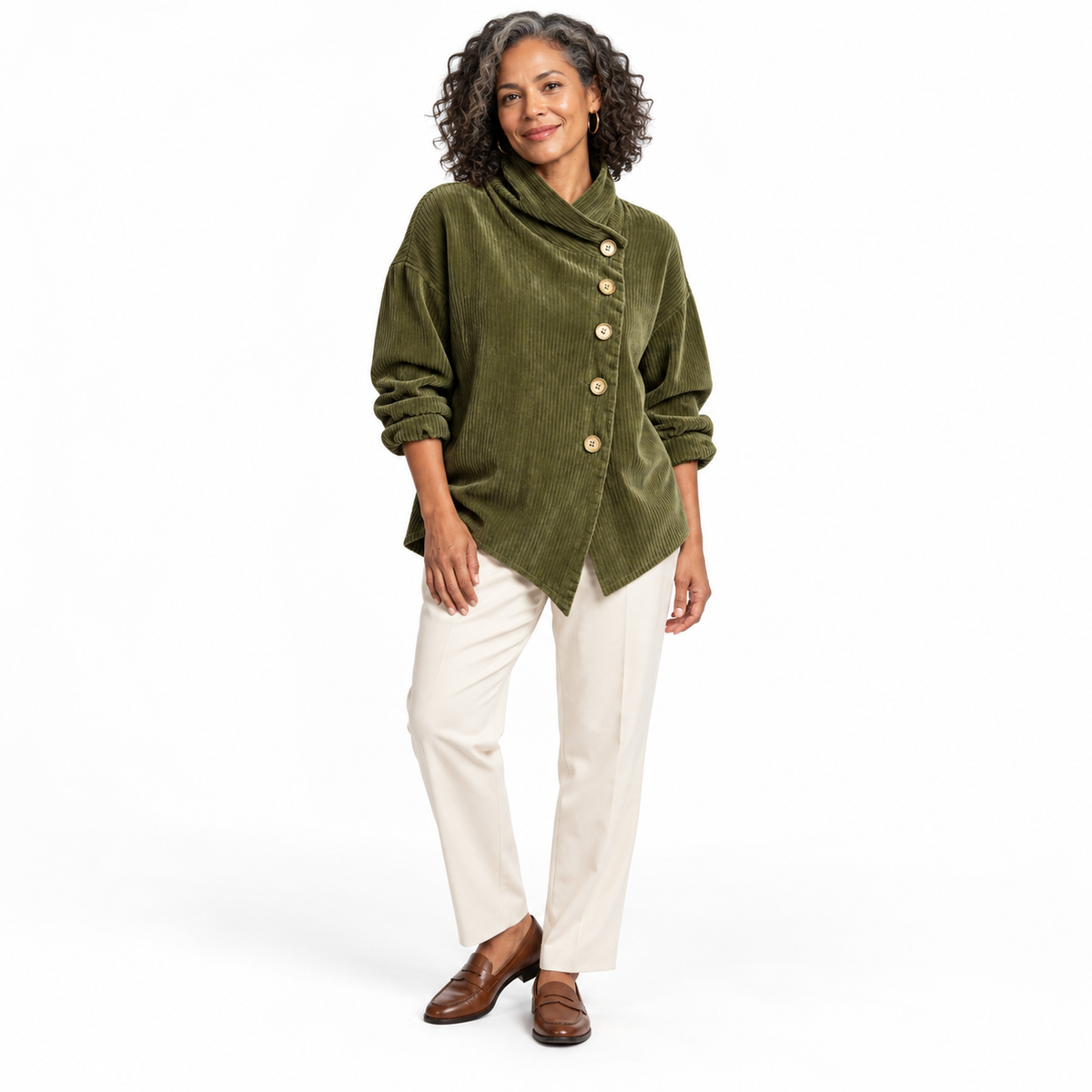 Asymmetrische Cordbluse mit Knöpfen