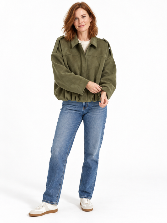 Olive Relaxed Suede-Effect Jacket shown on a model