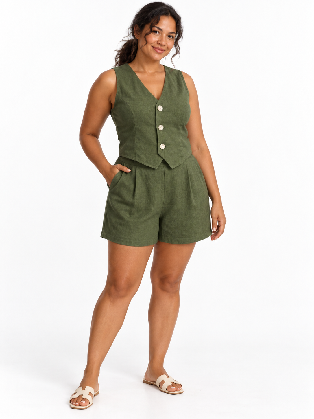 Olive Linen-Blend Vest & Shorts Set shown on a model