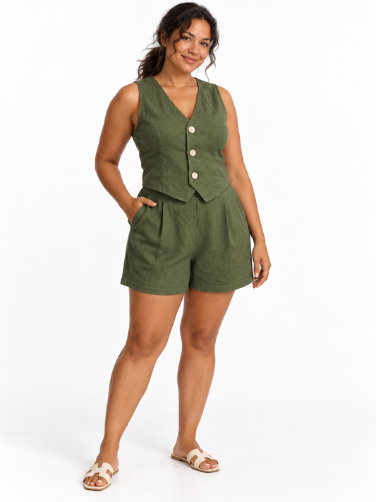 Olive Linen-Blend Vest & Shorts Set shown on a model