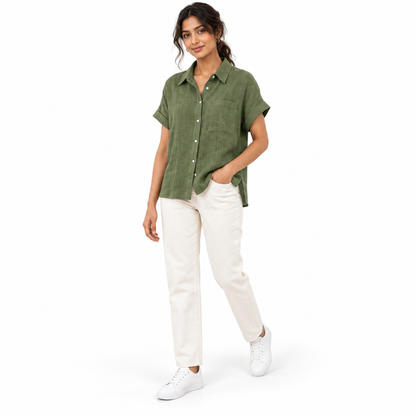 Olive Relaxed Linen Short-Sleeve Shirt shown on a model