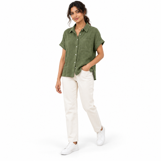 Olive Relaxed Linen Short-Sleeve Shirt shown on a model