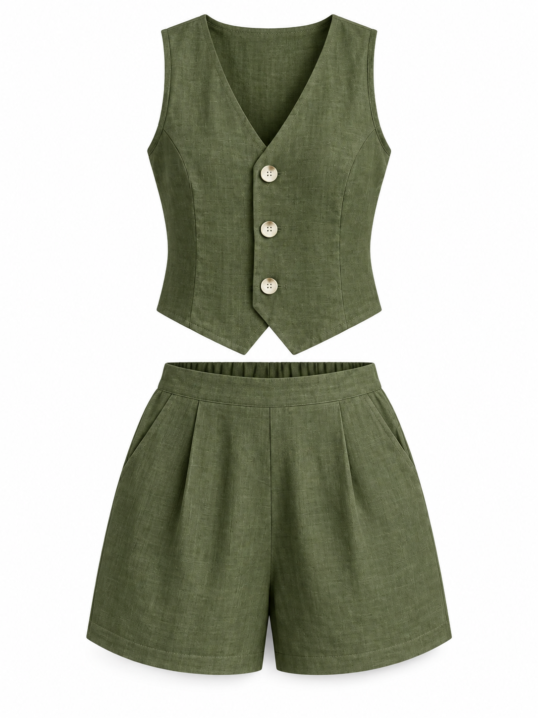 Olive Linen-Blend Vest & Shorts Set product view