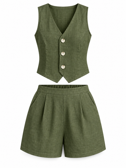 Olive Linen-Blend Vest & Shorts Set product view