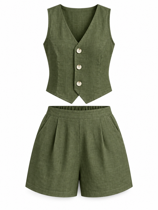 Olive Linen-Blend Vest & Shorts Set product view