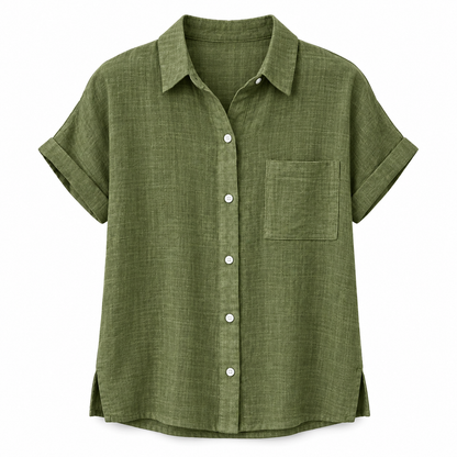 Olive Loose Linen-Blend Short-Sleeve Shirt product view