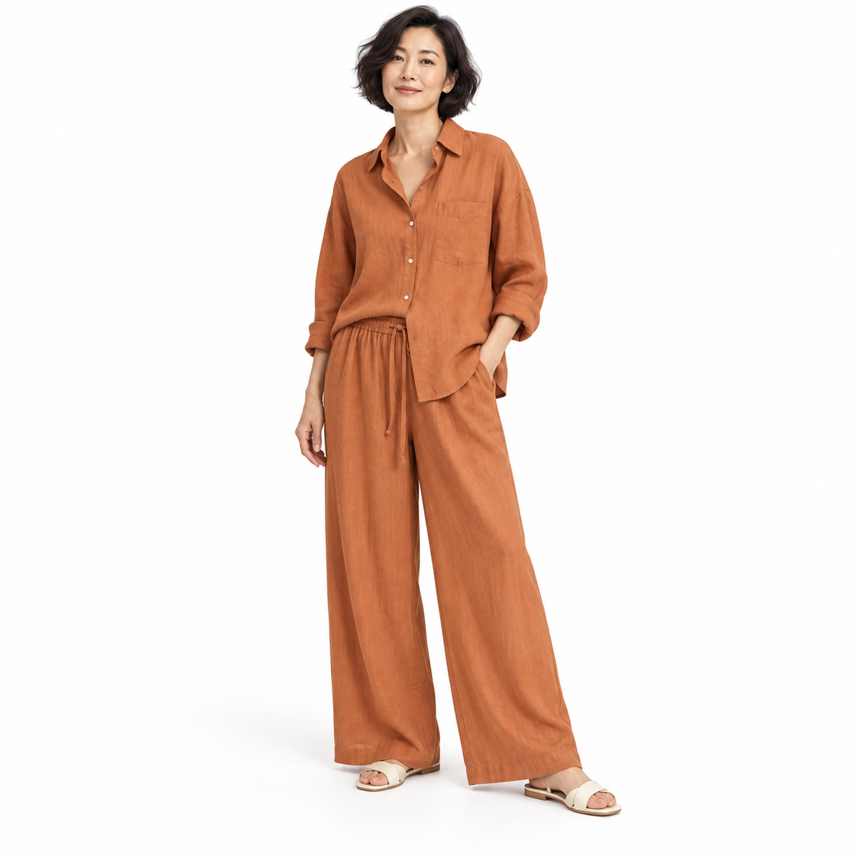Orange Relaxed Linen Shirt & Trouser Set shown on a model