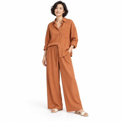 Orange Relaxed Linen Shirt & Trouser Set shown on a model