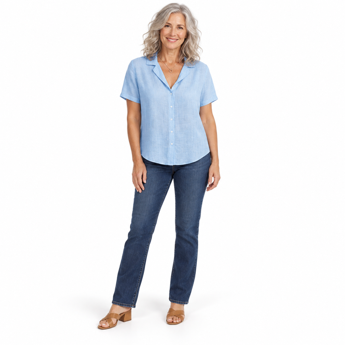 Pale blue Relaxed V-Neck Summer Blouse shown on a model